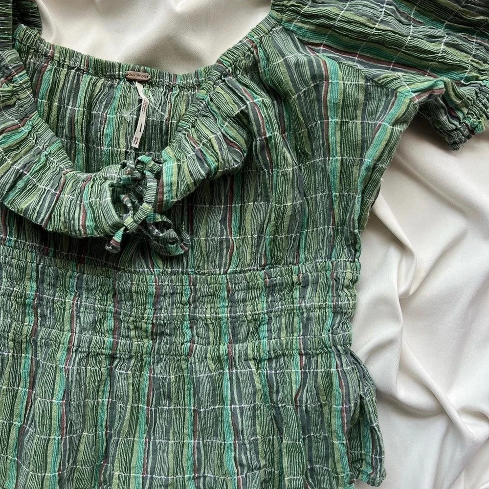 Free People Viva Smocked Green Stripe Top